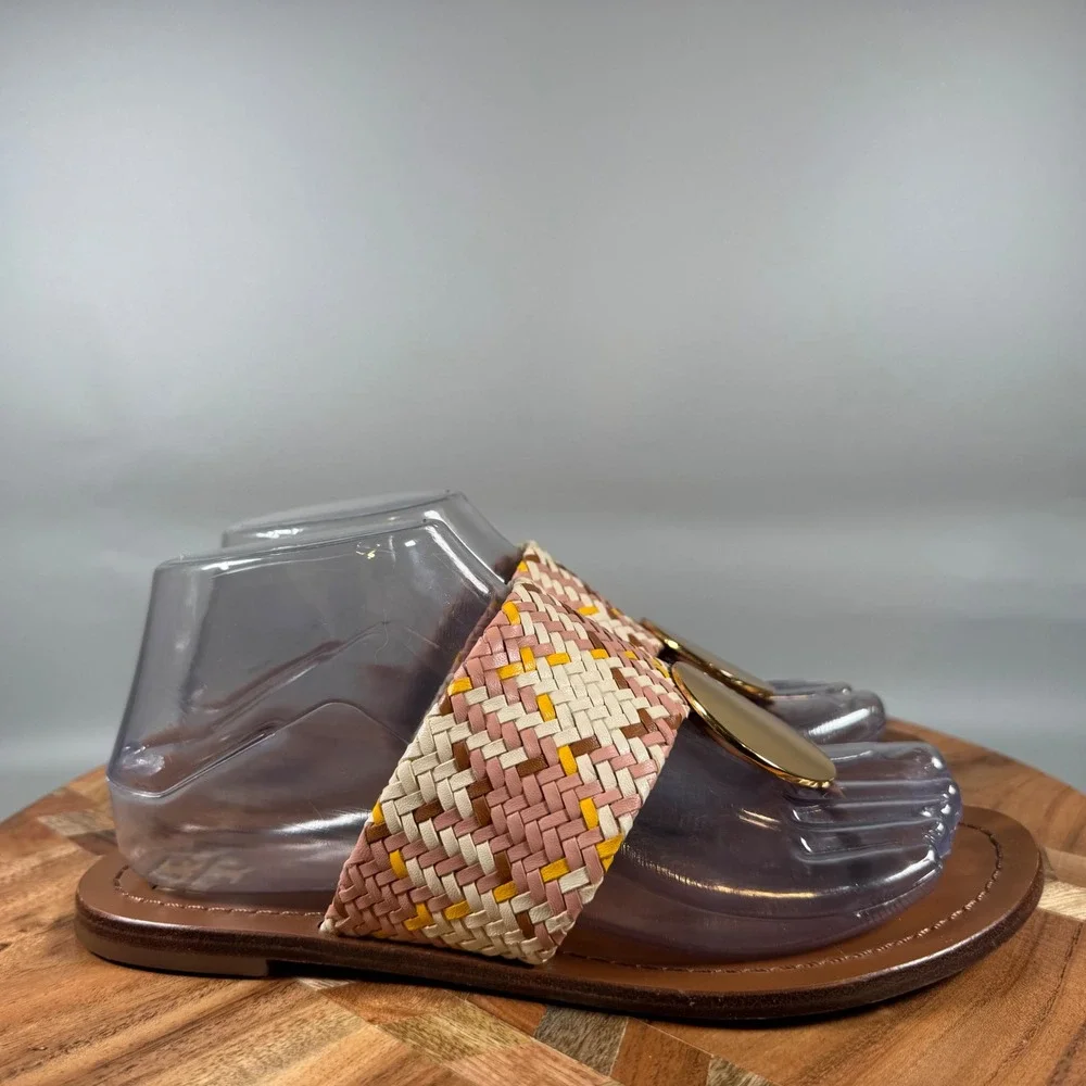 Tory Burch Patos Disk Woven‎ Leather Thong Sandals Gold Logo Women Size 7M